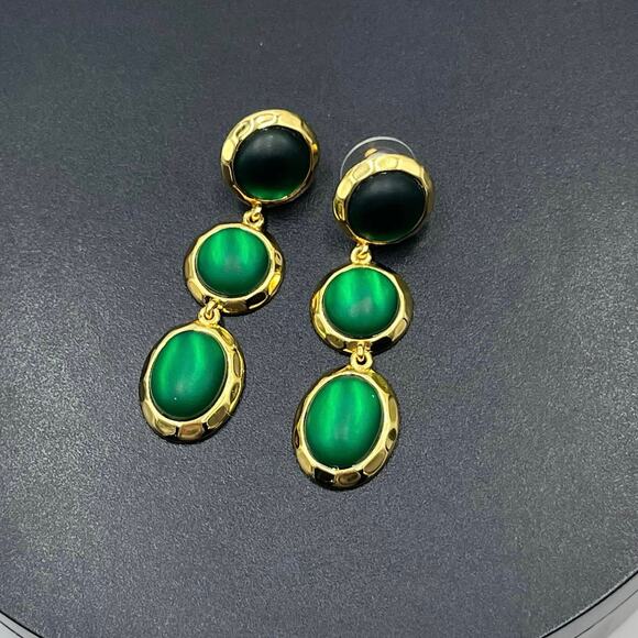 J. Crew Triple-Drop Tiered Matte-Green Glass Rhinestone Gold Tone Earrings - Picture 2 of 9